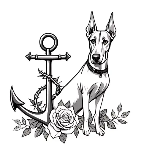 Anchor And A Dog Doberman With Roses And Thorns And Roses