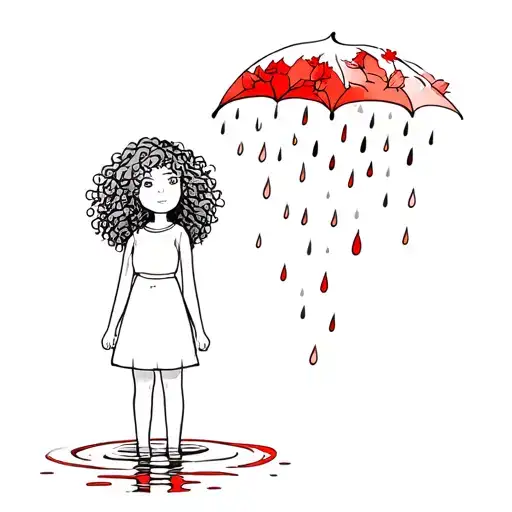 A Girl With Curly Hair Standing In The Red Rain Fine Line Rain With Autumn Leaves In A Puddle