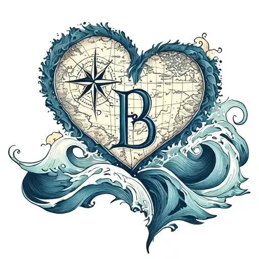 A Heart In Shape Of A Letter B In Sea Waves And Compass And Map