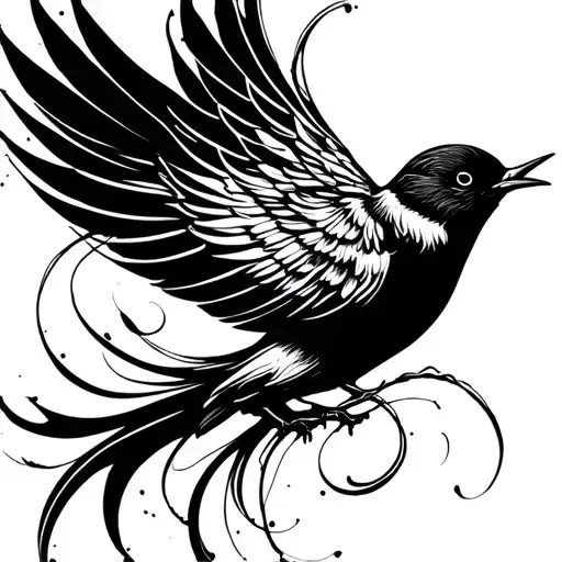 Ink Swirl With Fantail Bird In Flight