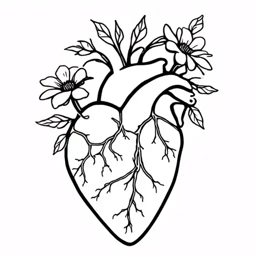 Line Tattoo Of Anatomical Human Heart With Flowers Growing Out Of It