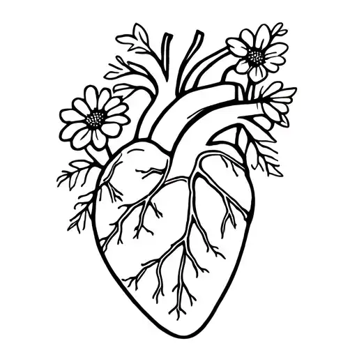 Line Tattoo Of Anatomical Human Heart With Flowers Growing Out Of It