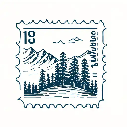 Square Postal Stamp With A Fjord Landscape Motive Featuring Pine Trees And Mountains