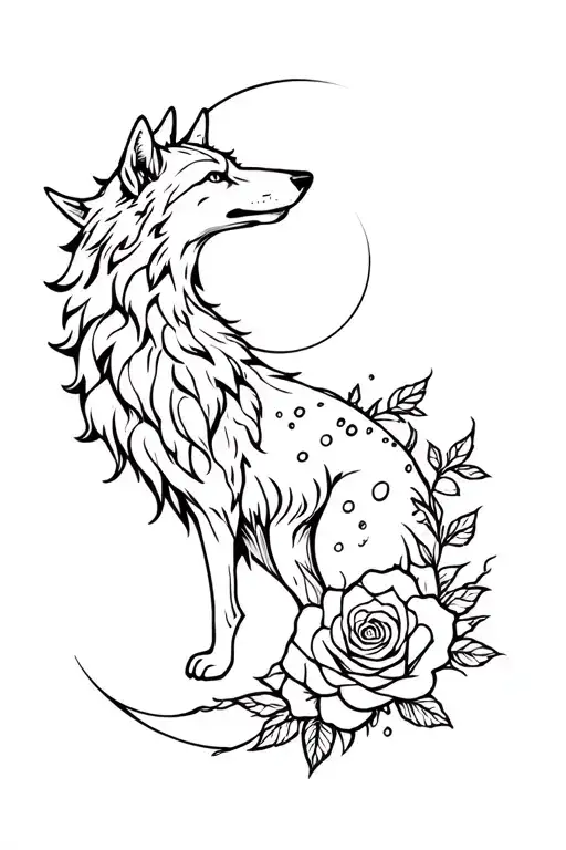 Wolf And Roses Intertwined And Moon