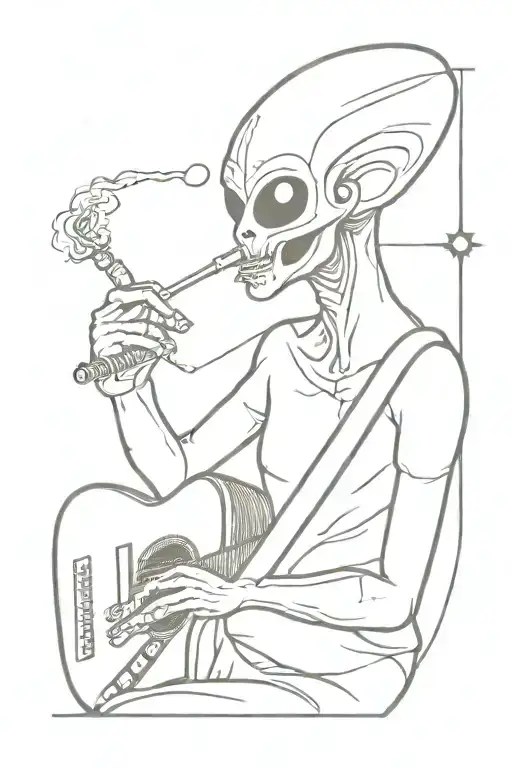 An Alien Smoking Joint And Playing Guitar With Headphone In Galaxy