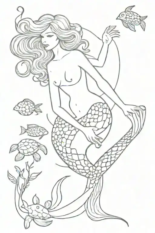 Mermaid With Seaweed And Sea Turtles