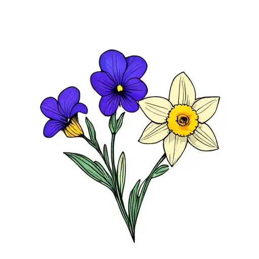 Two Violets One Daffodil Flowers