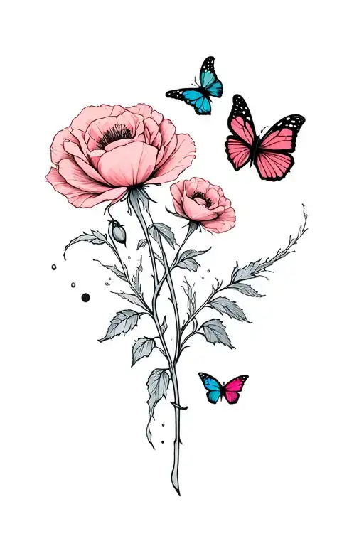 Roses Poppy Flowers Butterflies