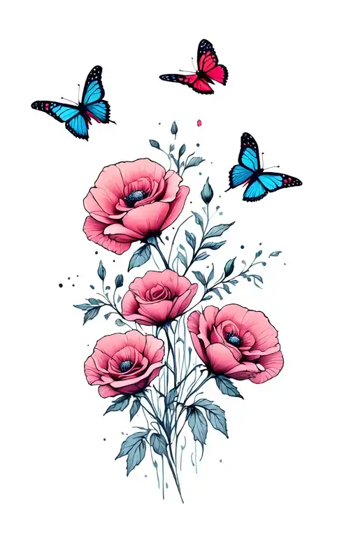 Roses And Poppy Flowers Butterflies