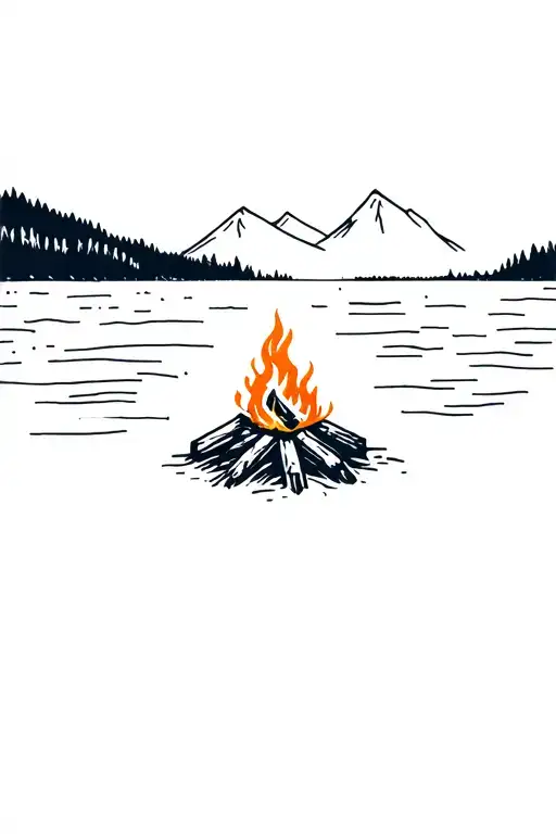 Campfire In Front Of A Lake With Mountains In Background