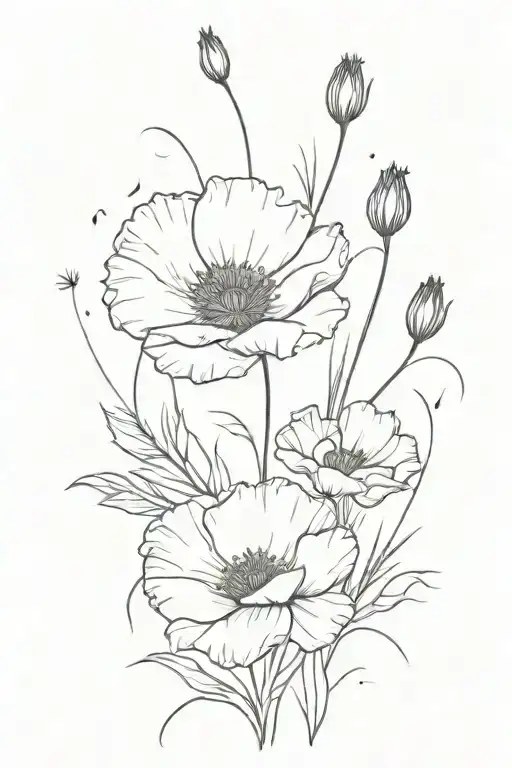 Black And White Poppy With Gladiolus And Dandelion With Seeds Flying Off Flower Bouquet
