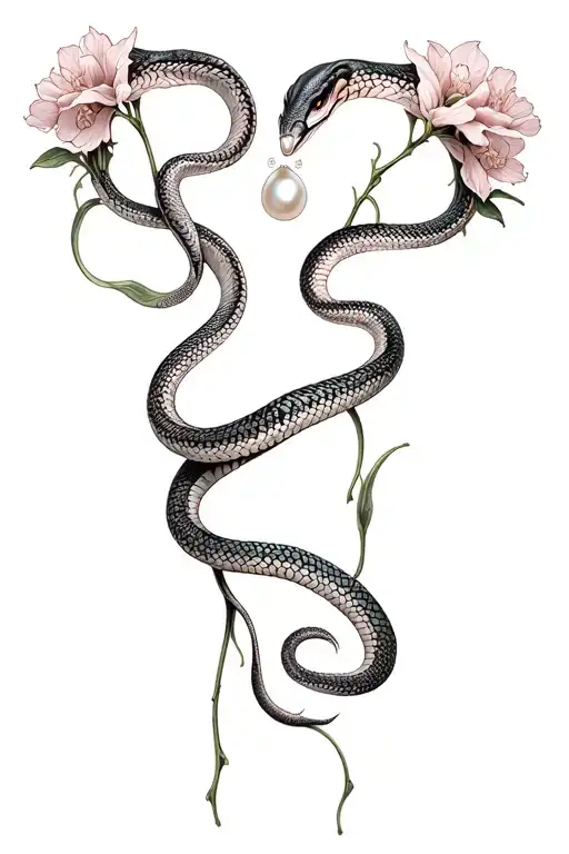 Twin Snakes Wrapped Around Stems Of Snapdragons With Pearl Stones In Each Mouth