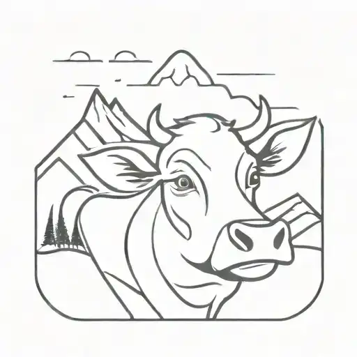 Cartoon Cow Face With Mountains In Background Black And White