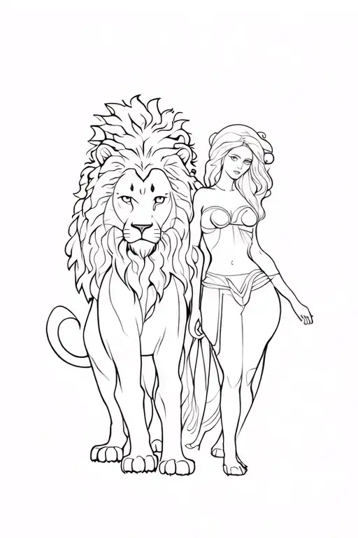 Lion With Woman Warrior Standing