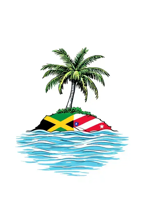 Palm Tree Jamaican Flag And Puerto Rican Flag With Small Island Underneath Palm Tree Water Shore