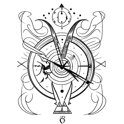 A Minimalist Tattoo Of A Wind Clock With A Sagittarius Symbol Incorporated Into The Design