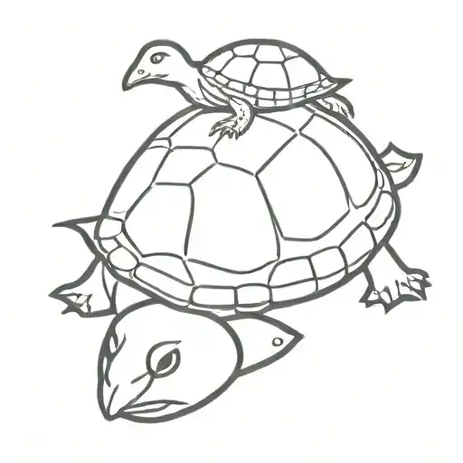 Turtle With A Duck Sitting On Top Of The Turtles Shell