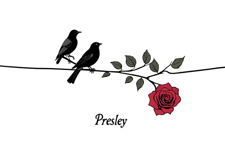Birds On A Wire With A Single Rose And The Name Presley In The Stem