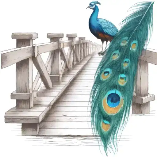 Black And White Wooden Bridge With Colorful Peacock Feather