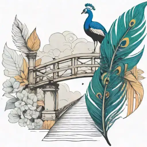 Black And White Wooden Bridge With Colorful Peacock Feather