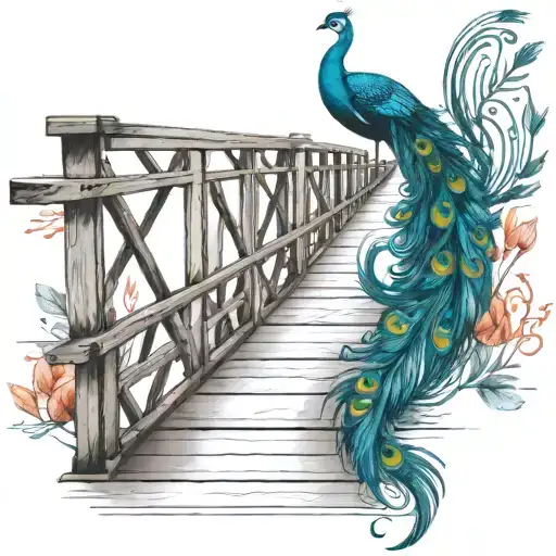 Black And White Wooden Bridge With Colorful Peacock Feather