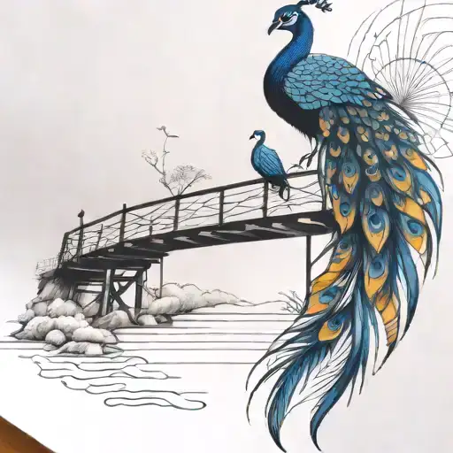 Black And White Wooden Bridge With Colorful Peacock Feather