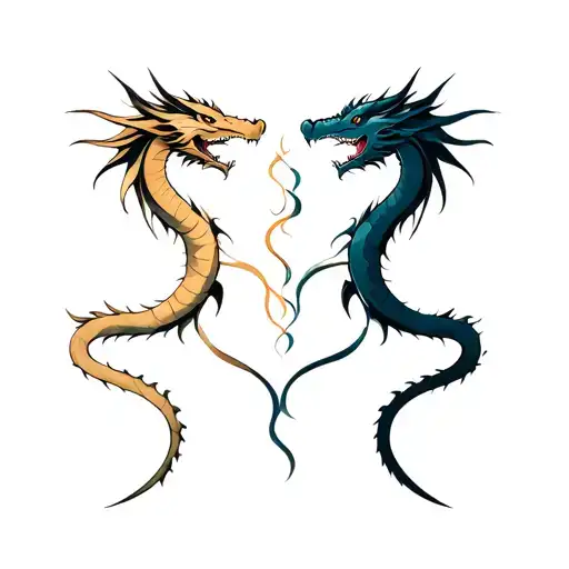 Small Twin Dragons Intertwined Opposite Colors Vertical