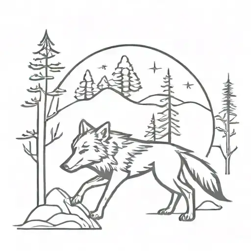 Wolf And Sword And Pine Trees