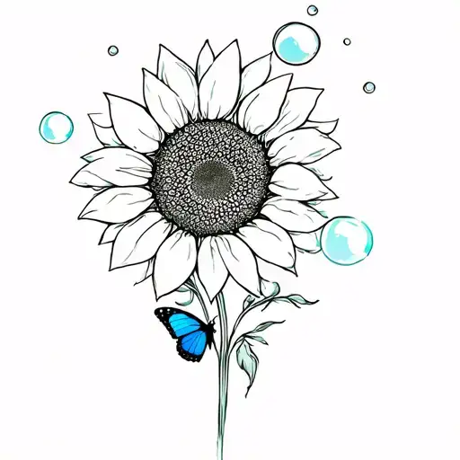 Sunflower And Blue Butterfly With Bubbles