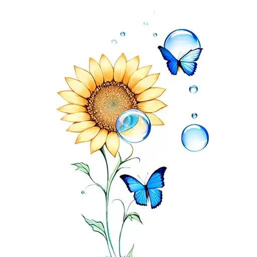 Sunflower And Blue Butterfly With Three Bubbles Rising