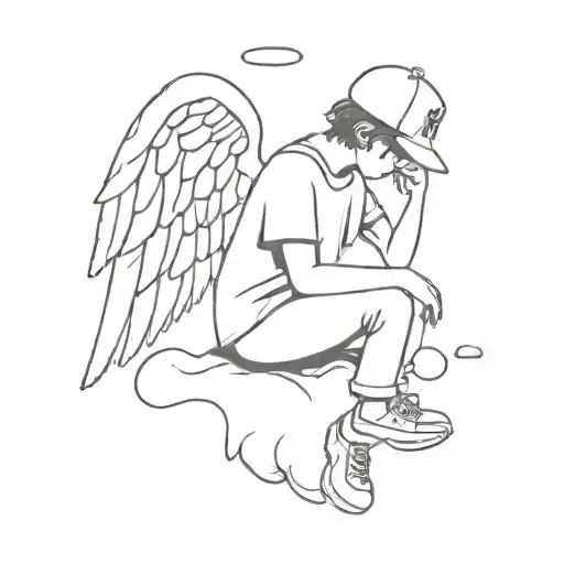 Boy With Angel Wings Sitting On A Cloud With His Head Down And Letter K On His Cap