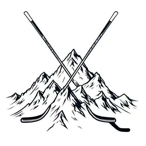 Mountain Peak With Lion Heraldry And Ice Hockey Sticks
