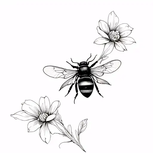 Elegant Bee And Flower Tatoo Design