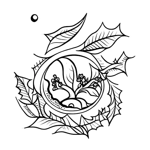 A Whimsical Design Of A Hazelnut Tree And Holly Tree Growing Under A Crescent Moon