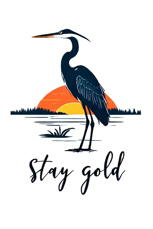 Heron With Sunset In The Background And Stay Gold Written At The Bottom