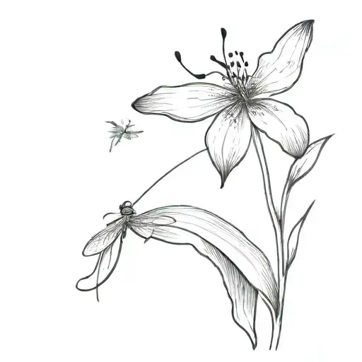 1 Lily Flower With Shaded Leaves And 2 Dragonflies