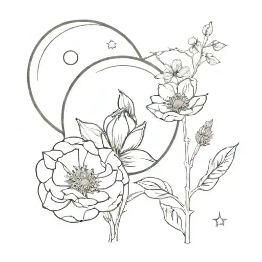 Peoney And Cosmos Flowers With Moon And Planet Saturn