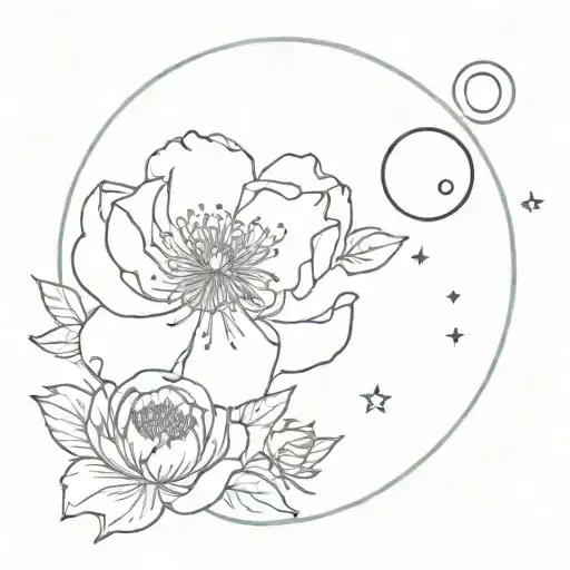Peony And Cosmos Flowers With Planet And Moon Surrounded