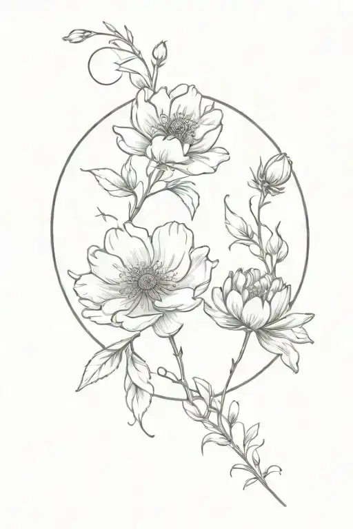 Cosmos And Peony Flower Intertwined With Moon And Saturn