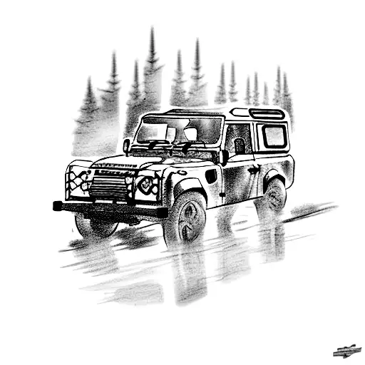 A Sketch-style Tattoo Of A Land Rover Defender Driving Through A Forest