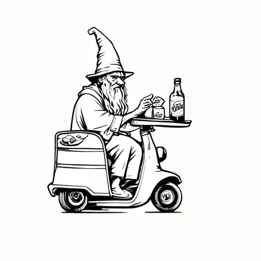 A Wizard Wearing A Djellabadriving A Tuc Tuc Eating Sushi With A Bottle Of Cha Cha