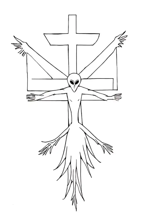Alien Scarecrow With Arms Spread On A Cross