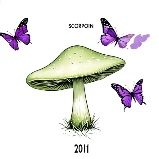 Green Mushroom With Purple Butterflies With Date 2011 With Astrological Sign Balance And Scorpion