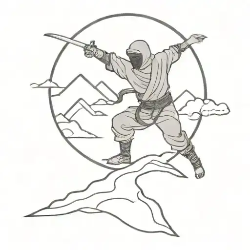 Ninja In Action With Mountain And Moon In Background Sketchy Style