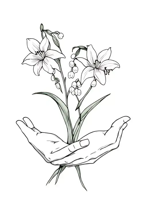 Open Hands Holding 2 Lily Of The Valley Flowers And 1 Narcissus Flower