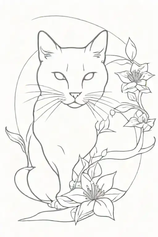 Outline Of A Silhouette Of A Cat With Santan Flowers