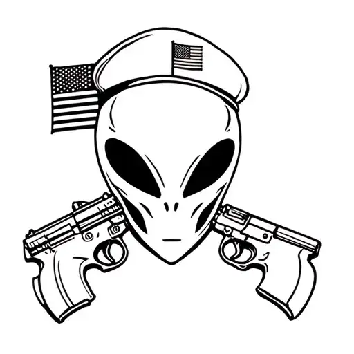 Alien's Face With Gun And Military Beret With Flag