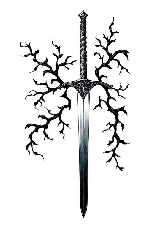 Black Sword With Vines Growing Around The Blade Very Simple Thin And Dainty Outline Only Feminine