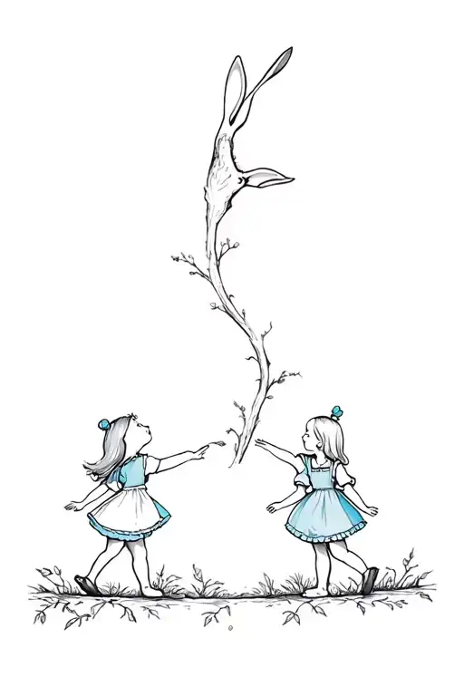 Two Child's Falling In The White Rabbit Hole Like Alice