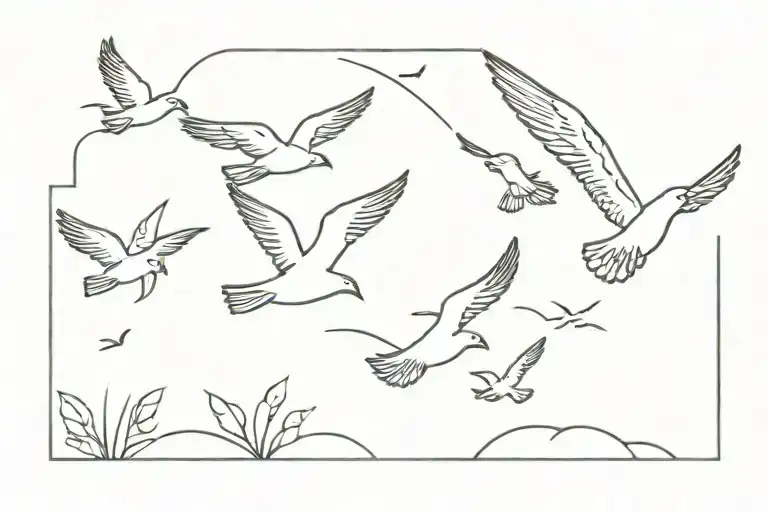 Flowers And Seagulls Flying